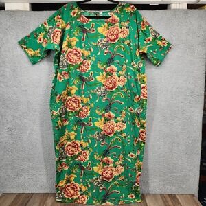Vintage XMO Floral Print Linen‎ Blend Casual Dress XL Short Sleeve Green